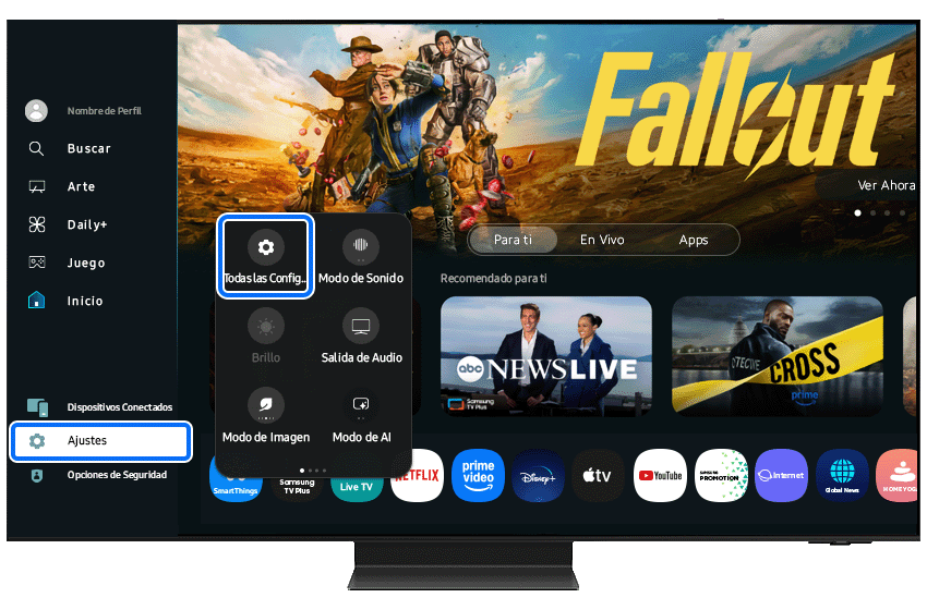 Samsung Smart TV Home screen displayed with All Settings selected.